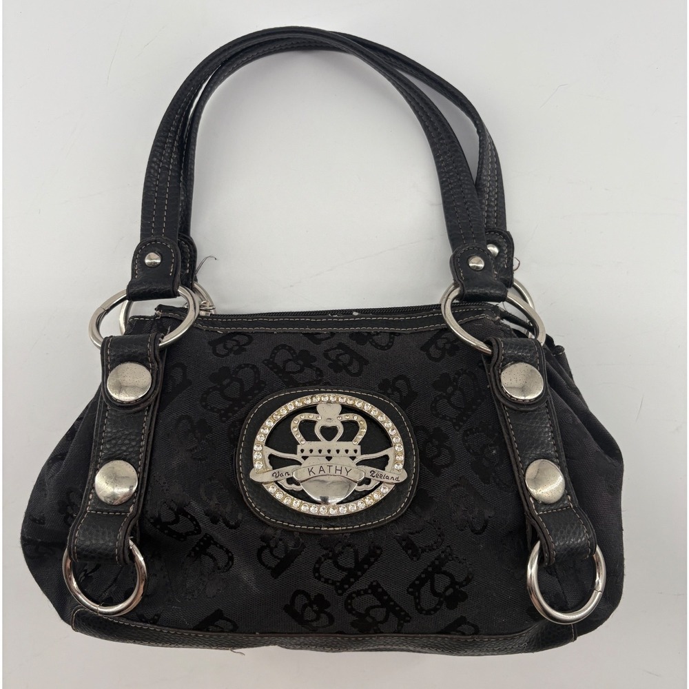 Kathy Van Zeeland Black Crown Monogram Rhinestone Y2K Shoulder Bag Handbag
